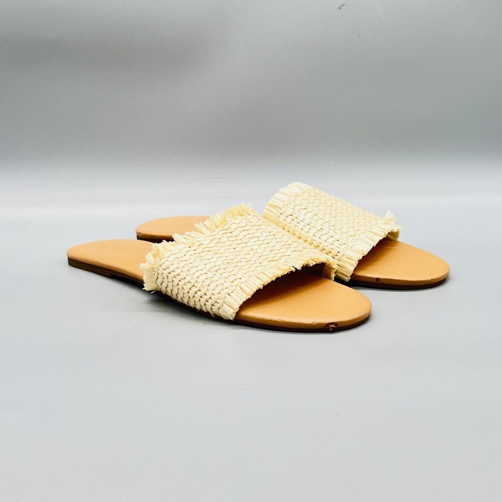 J Crew Sandals Womens 9.5 Beige Synthetic Raffia Fringe Slide Flat Casual Shoes - Picture 2 of 10